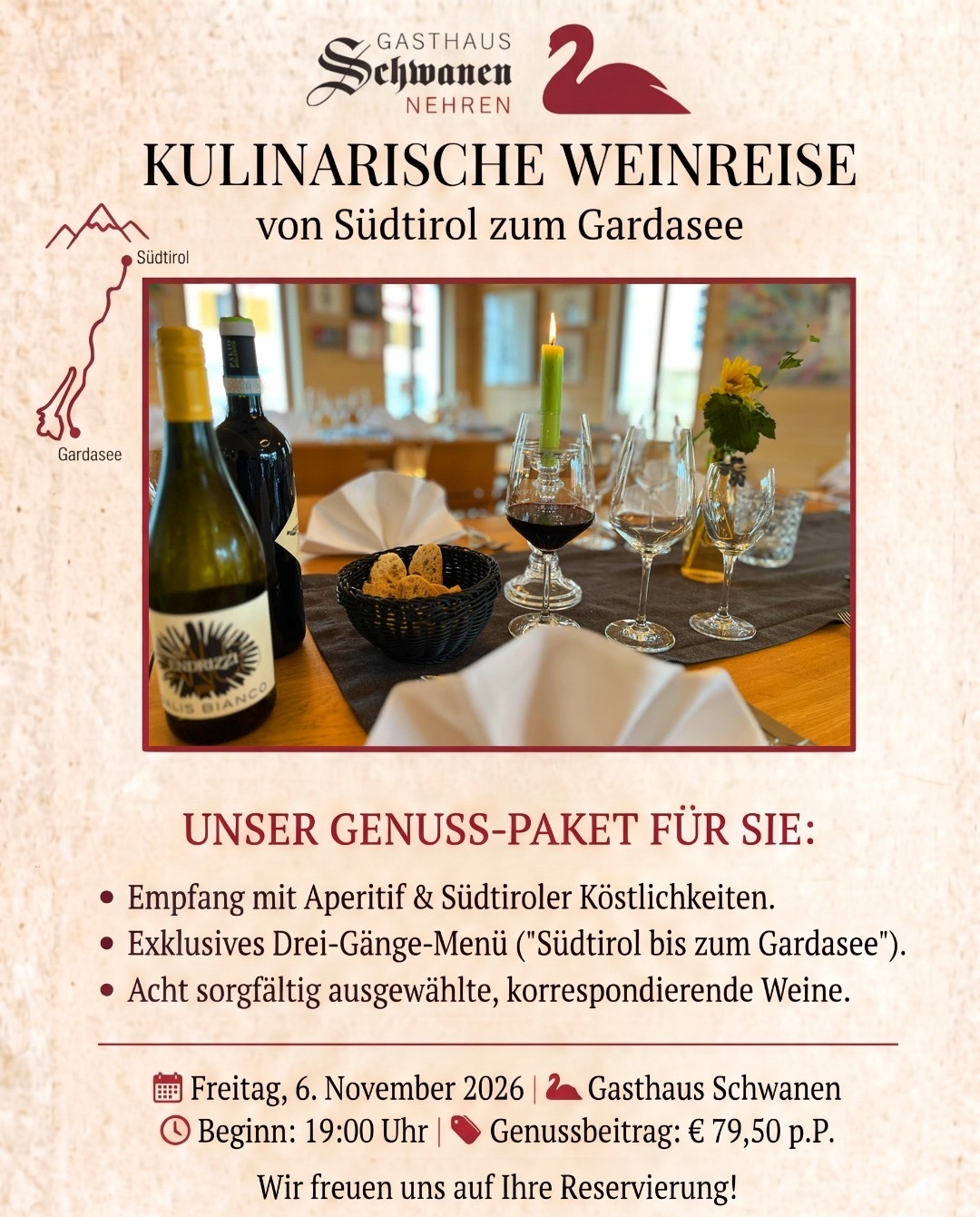 Kulinarische Weinreise von Südtirol zum Gardasee im Gasthaus Schwanen am Freitag, 6. November 2026, ab 19 Uhr, 79,50 Euro pro Person